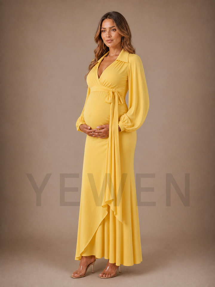 Yellow V-Neck Maternity Baby Shower Dress with Lantern Sleeves ZX017