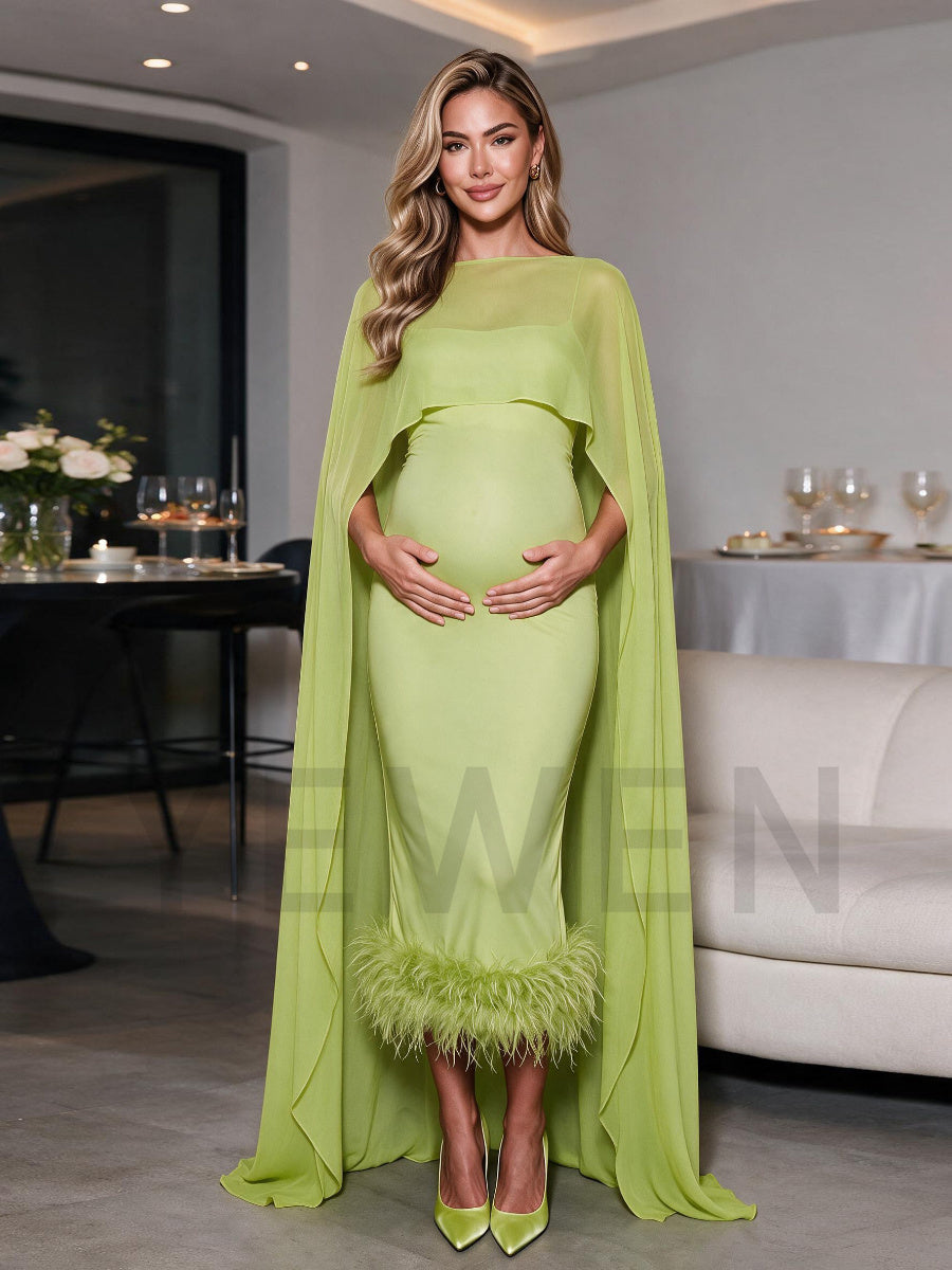 Green Ostrich Feather Hem Maternity Baby Shower Dress With Flowing Cape YD260835