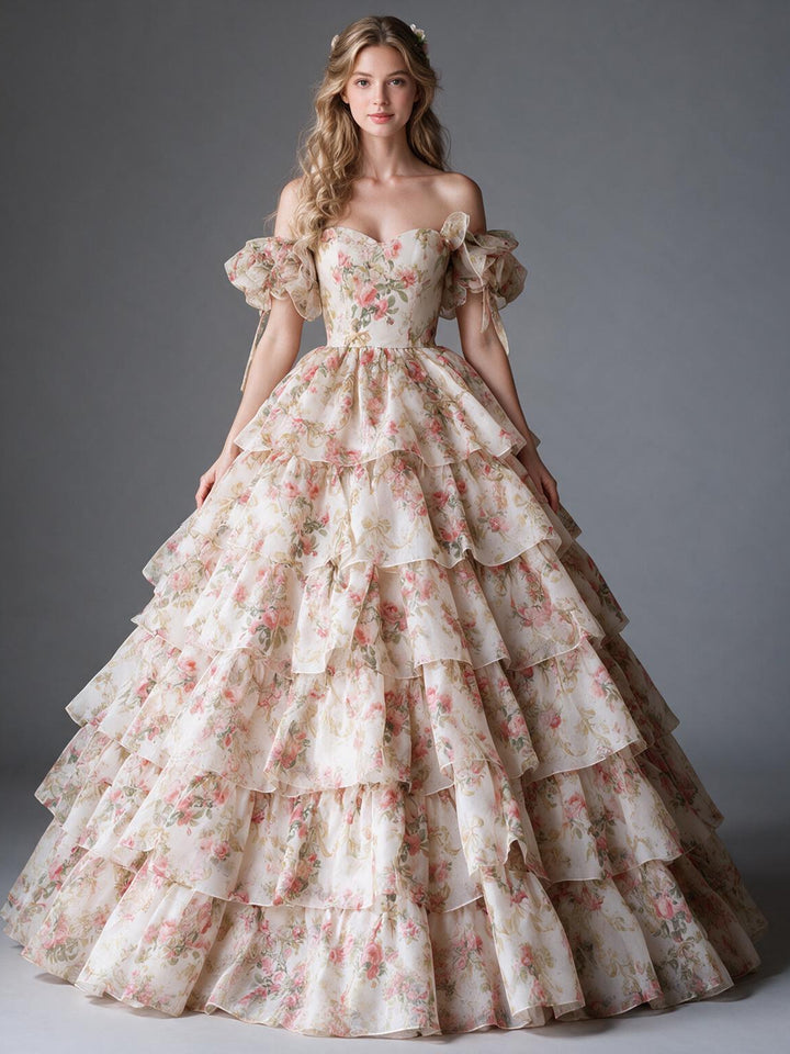 Vintage Rose Floral Off-Shoulder Puff Sleeve Princess Dress YW2609296