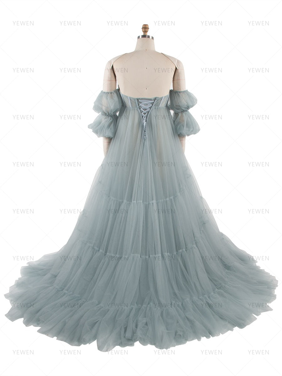 Tulle Maternity Dress for Photoshoot Strapless Long Ruffles Pregnancy Gown for Baby Shower YW260235