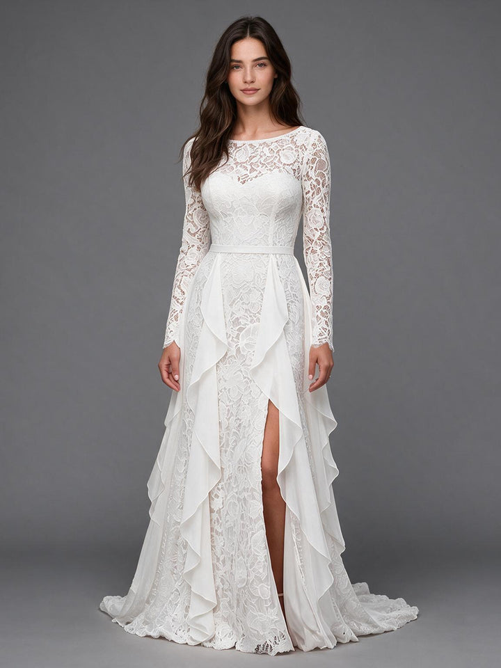 Ivory Fitted Lace Bodice Sheer Long Sleeve Boho Wedding Dress