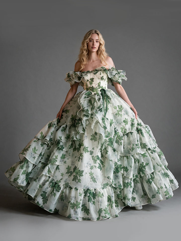 Leaf Print Off-Shoulder Ruffle Puff Sleeve Princess Dress YM260904