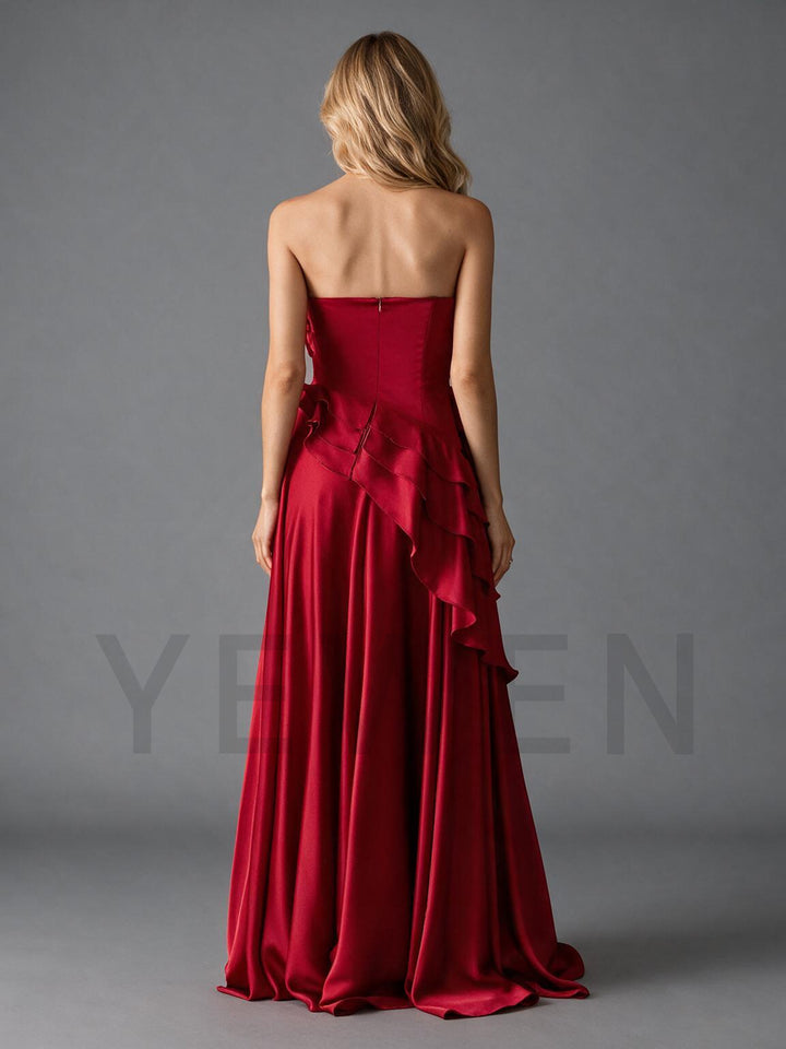 Strapless 3D Floral Ruffle Satin Christmas Dress YW2610082