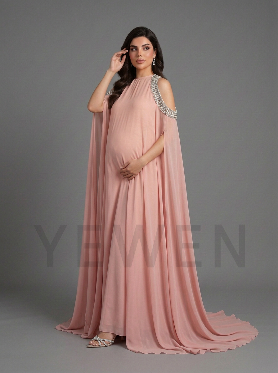 Mock Neck Rhinestone Cape Sleeve Maternity Baby Shower Dress YD261010