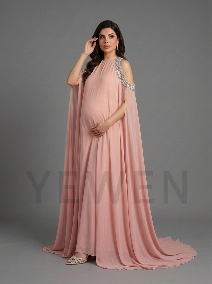 Mock Neck Rhinestone Cape Sleeve Maternity Baby Shower Dress YD261010