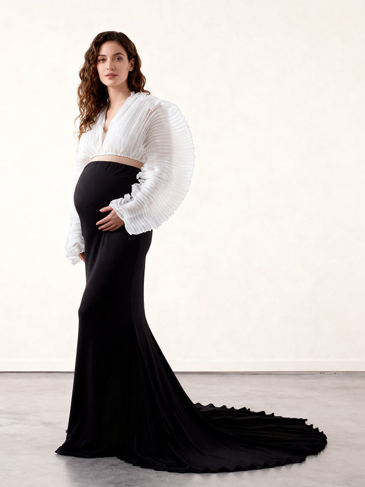 2 Piece Set Pleated Organza Tops with Stretchy Skirt Maternity Dresses for Photoshoot Baby Shower Dresses YW243163