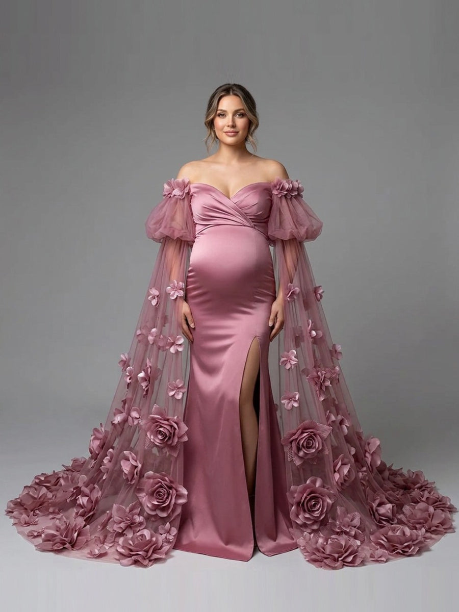 Dusty Puff Sleeve Maternity Photoshoot Dress with 3D Floral Cape