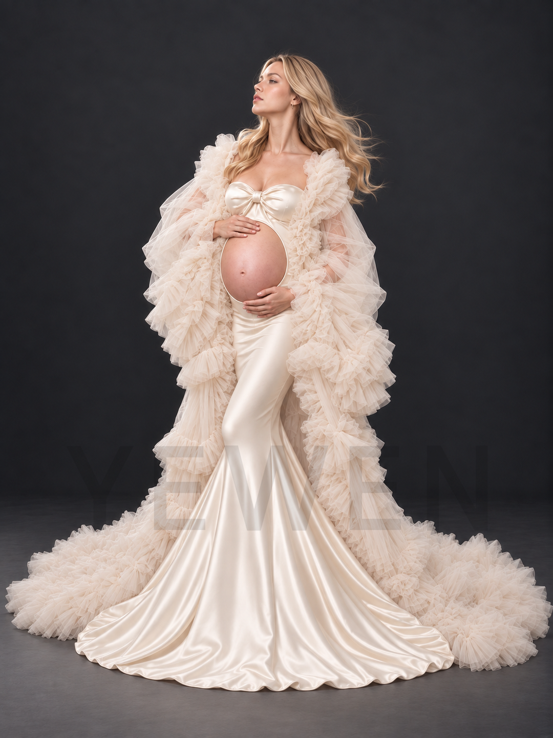 Tiered Ruffle Cape Satin Mermaid Maternity Photoshoot Gown HA260917