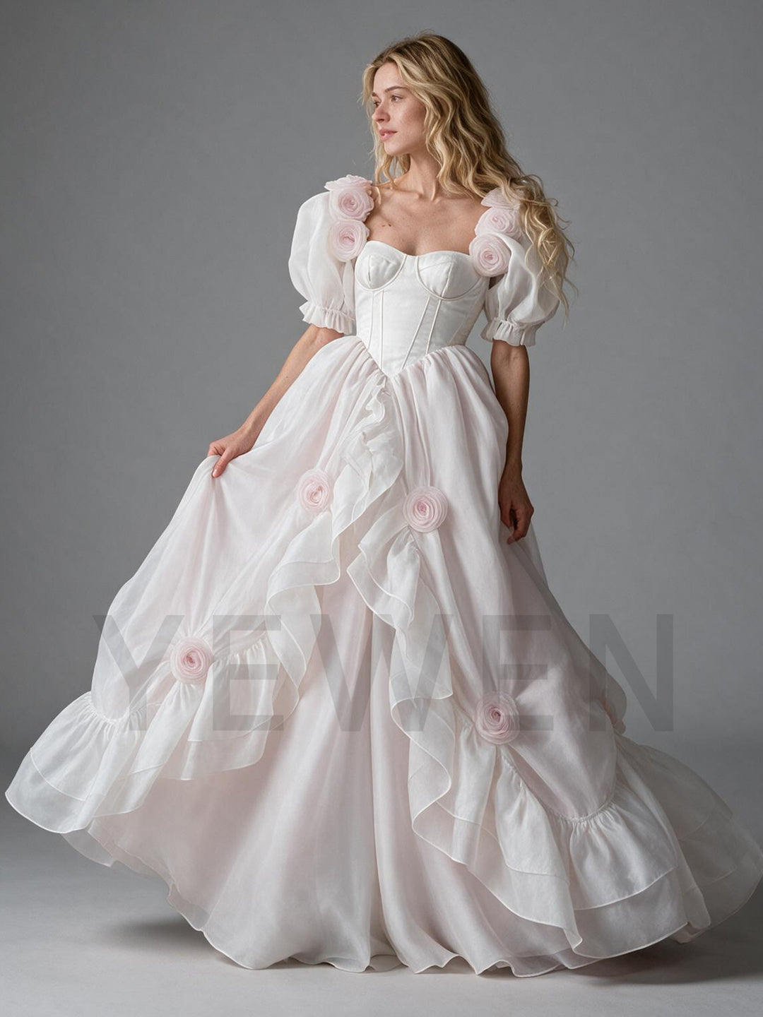 Corset Tiered Ruffle 3D Rose Puff Sleeve Princess Dress YW2610147