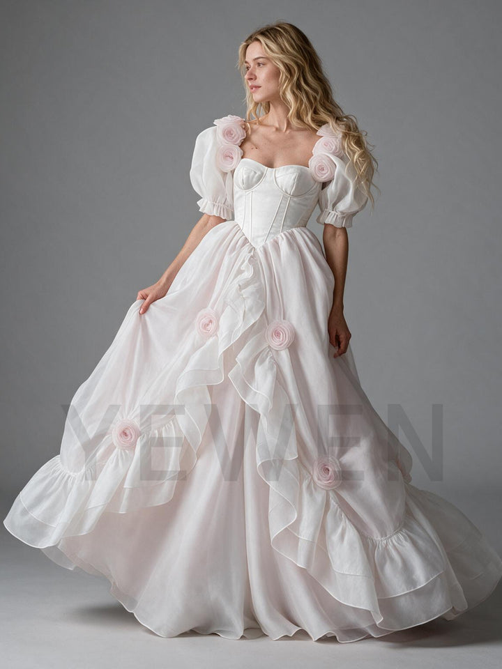 Corset Tiered Ruffle 3D Rose Puff Sleeve Princess Dress YW2610147