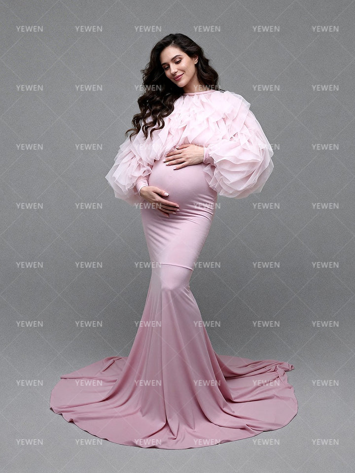 Pink Mermaid Maternity Dress Photoshoot Ruffles Coat 2 Piece Set
