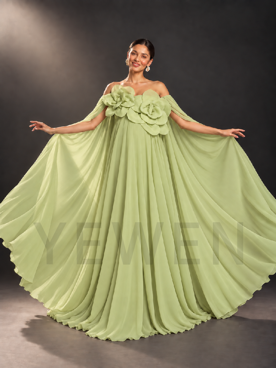 Off-Shoulder 3D Floral Maternity Gown with Long Cape HA260914