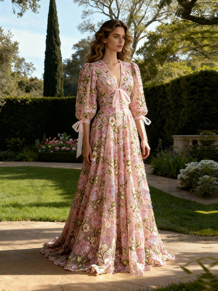 Unique Prom Dress Puffy Sleeves V Neck Embroidery Sequined Lace Evening Gown YW250079