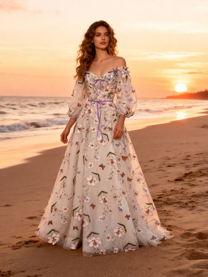 Floral Embroidered Evening Dress Garden Party Formal Gown Puffy Sleeves