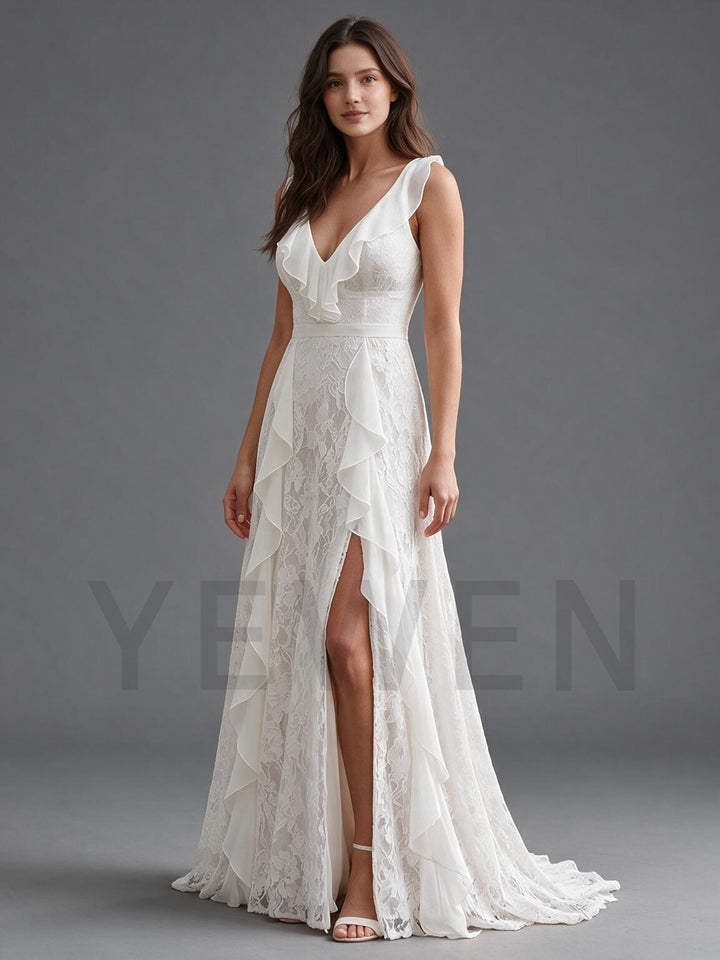Ivory Draped Ruffle Front Floral Lace Boho Wedding Dress