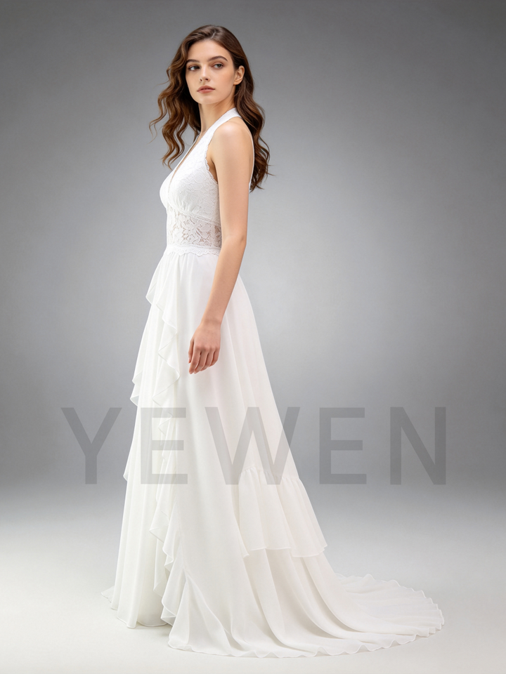 Ivory Halter Chiffon Wedding Dress with Lace Bodice and Ruffled Maxi Skirt