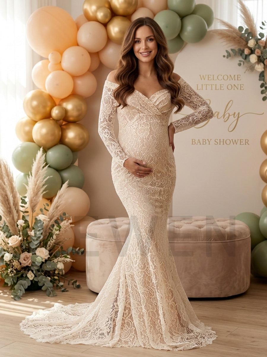 Lace Off-Shoulder Long Sleeve Maternity Gown for Photoshoot YW2610191