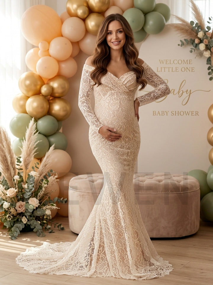 Lace Off-Shoulder Long Sleeve Maternity Gown for Photoshoot YW2610191