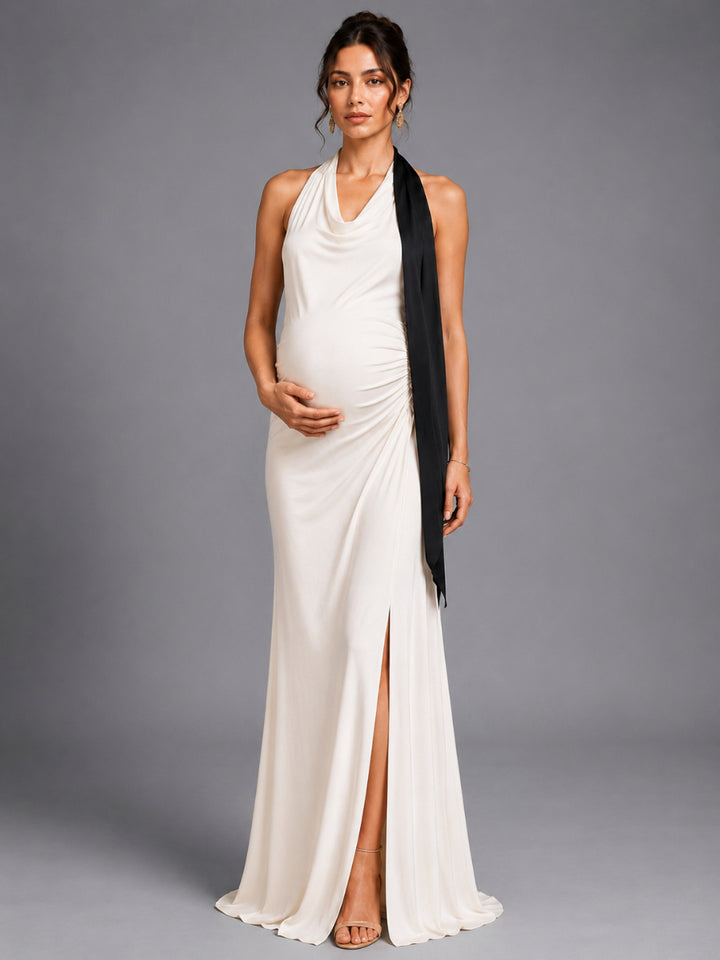 Ivory Halter Black Draped Maternity Baby Shower Dress L-26929