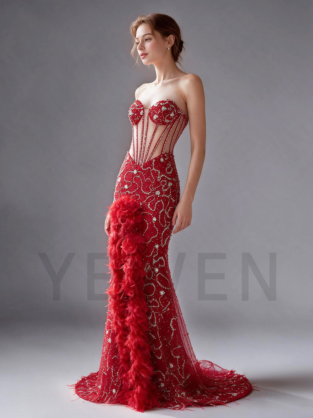 Strapless Sheer Corset Bodice Feather Trim Sequin Evening Gown YX006