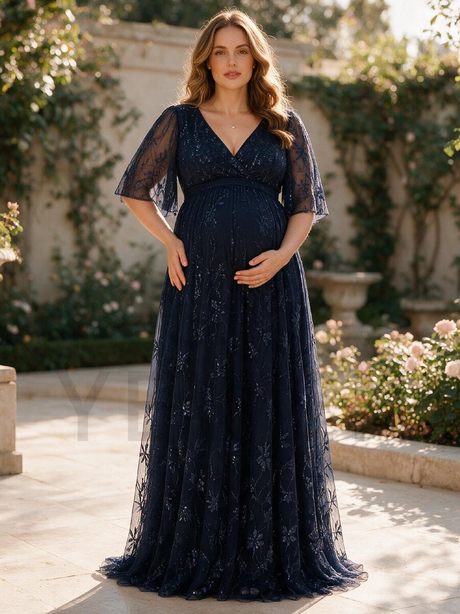 Navy Floral Sequin V-Neck Maternity Dress For Baby Shower