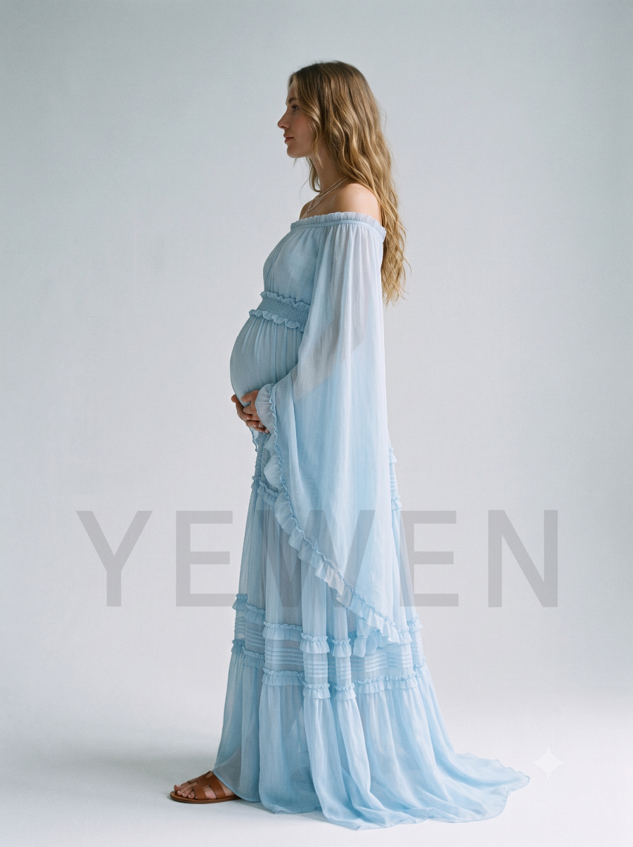 Off-Shoulder Bell Sleeve Chiffon Maternity Baby Shower Dress ZO260916