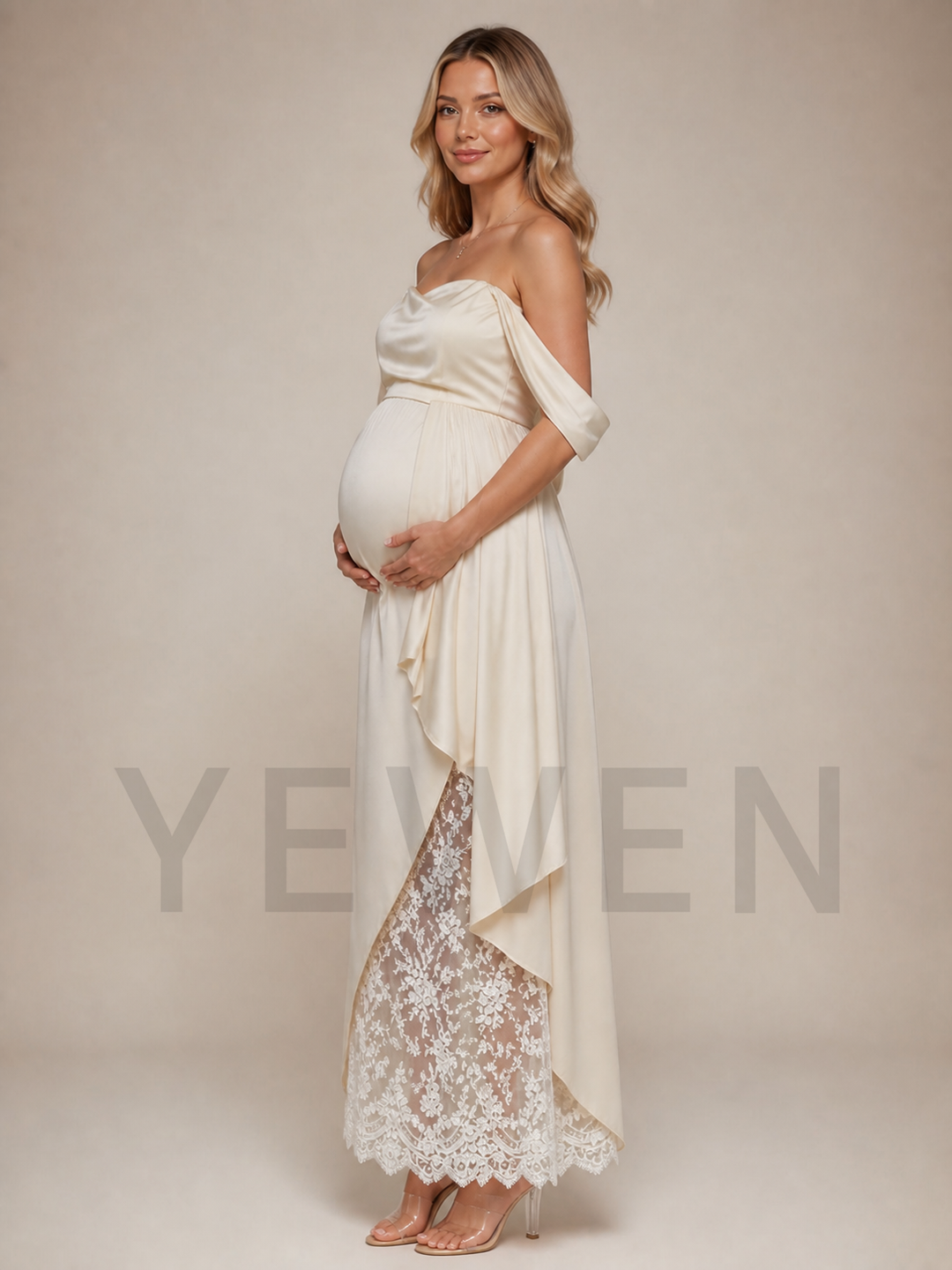Ivory Satin Maternity Baby Shower Dress Off Shoulder Gown with Lace Hem ZX006