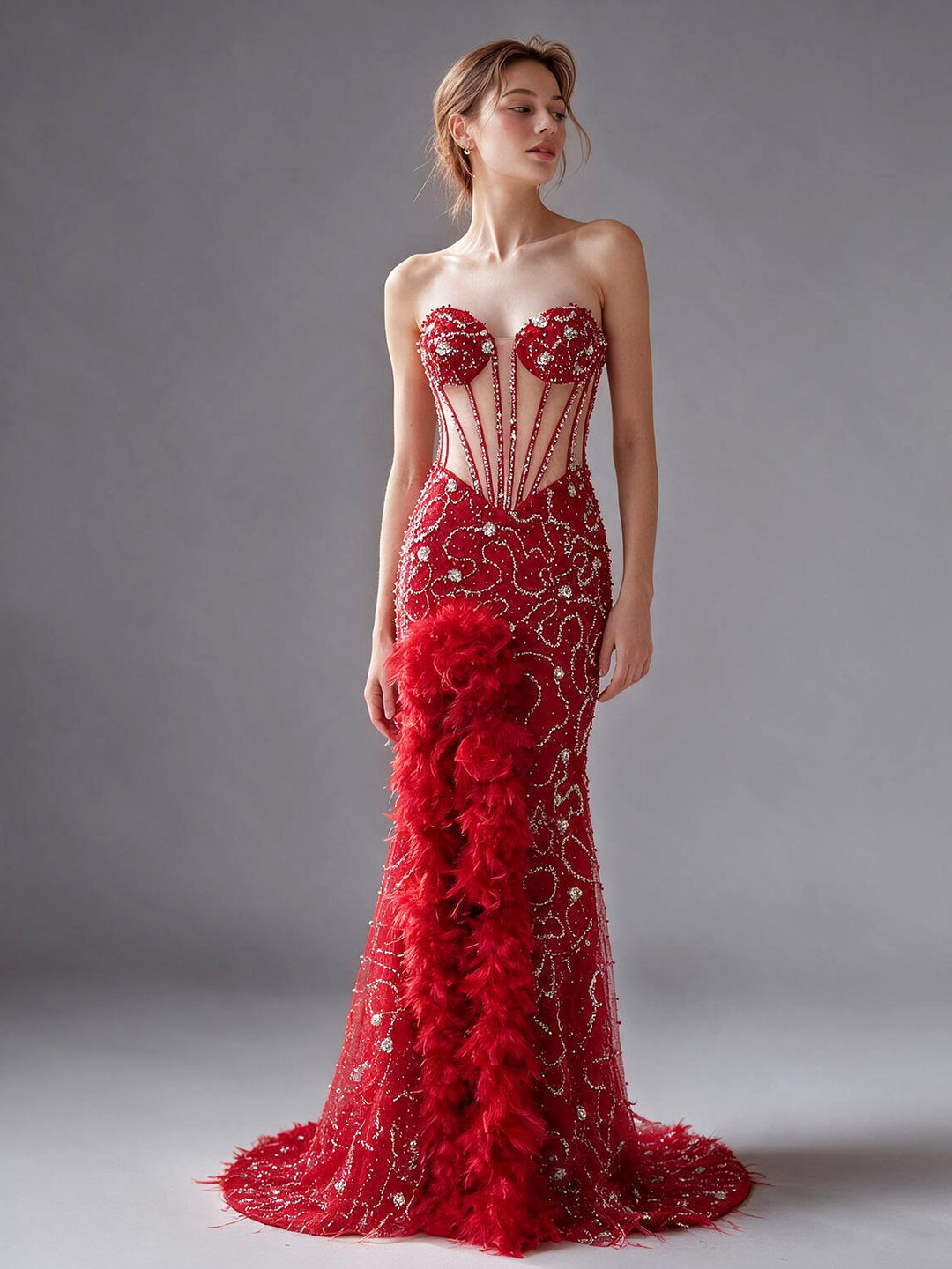 Strapless Sheer Corset Bodice Feather Trim Sequin Evening Gown YX006