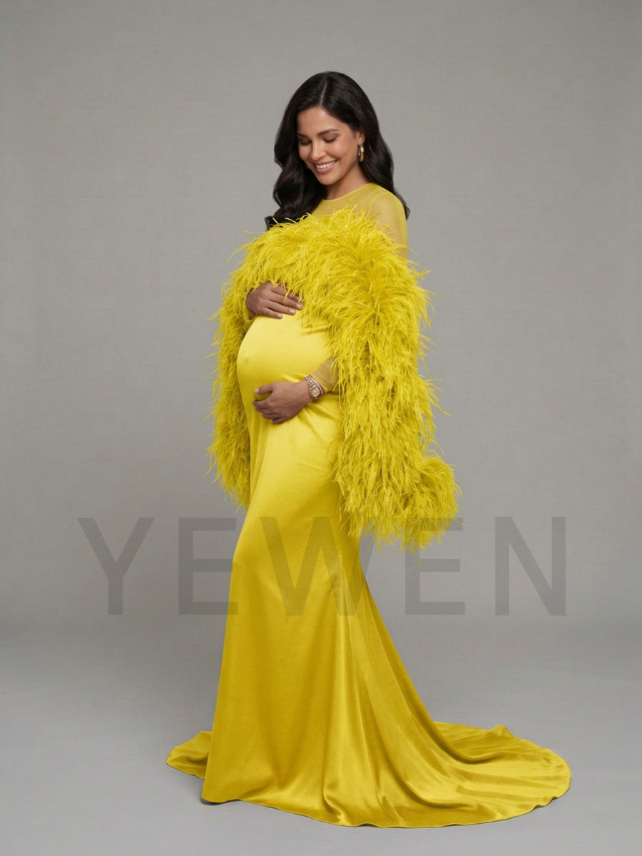 Dramatic Ostrich Feather Cape Maternity Baby Shower Dress YD260917