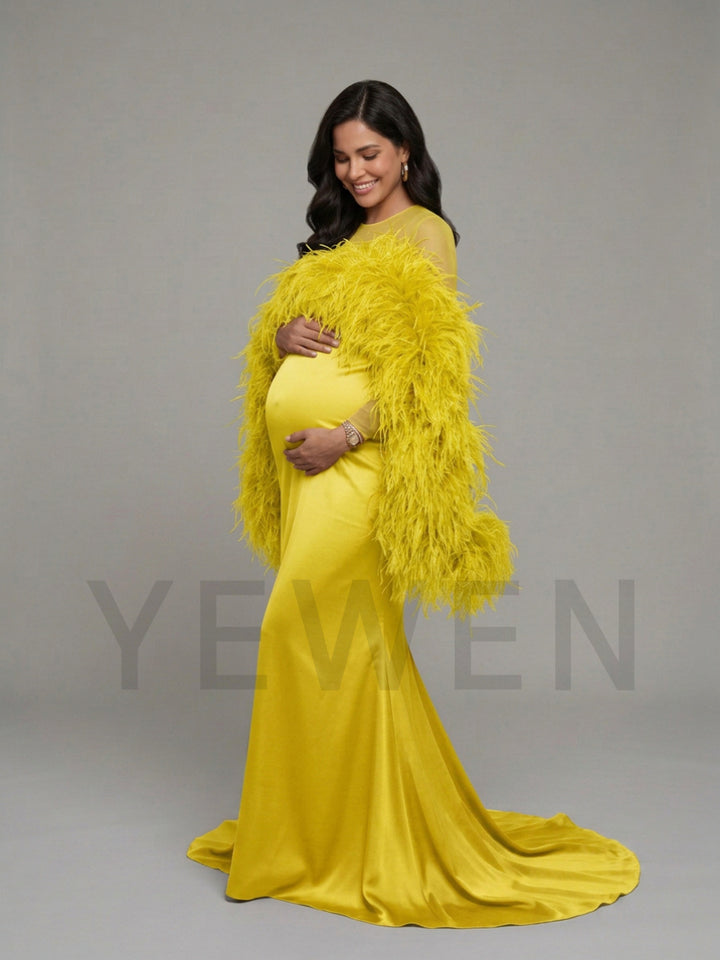 Dramatic Ostrich Feather Cape Maternity Baby Shower Dress YD260917