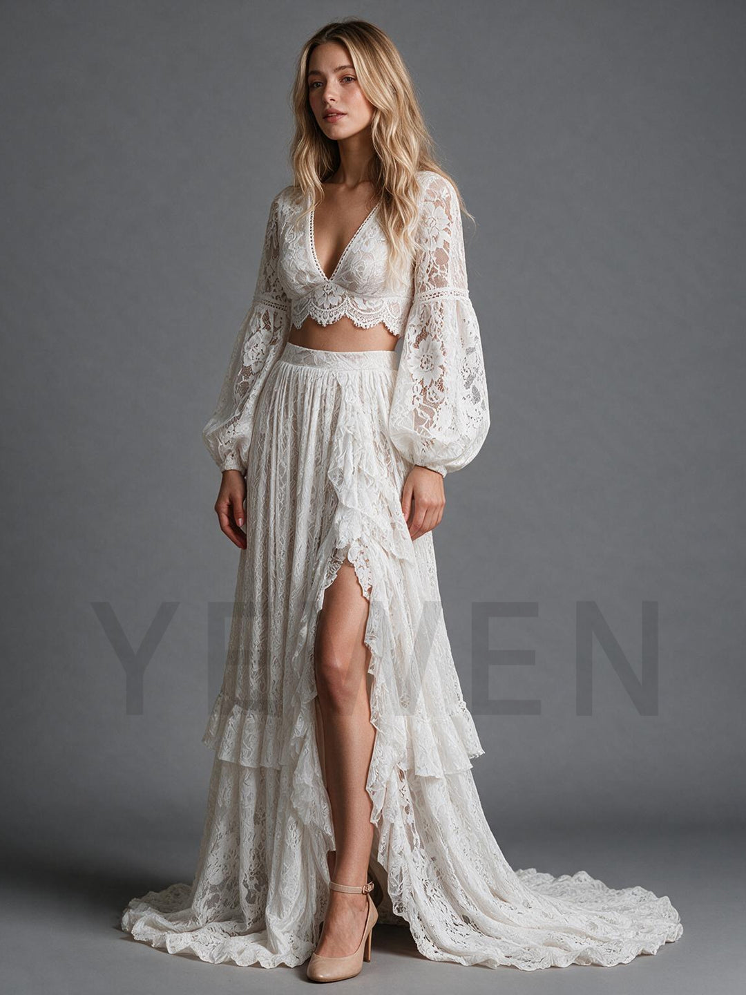 Ivory Boho Two-Piece Lace Sheer Puff Sleeves Wedding Dress