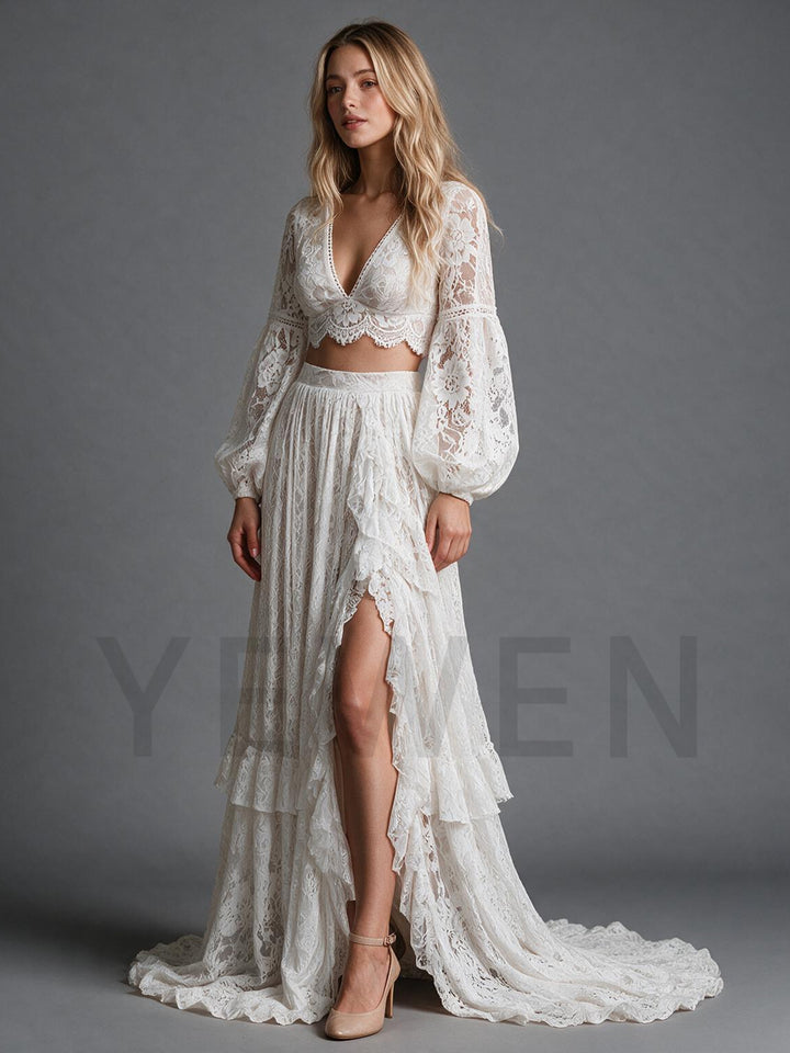 Ivory Boho Two-Piece Lace Sheer Puff Sleeves Wedding Dress