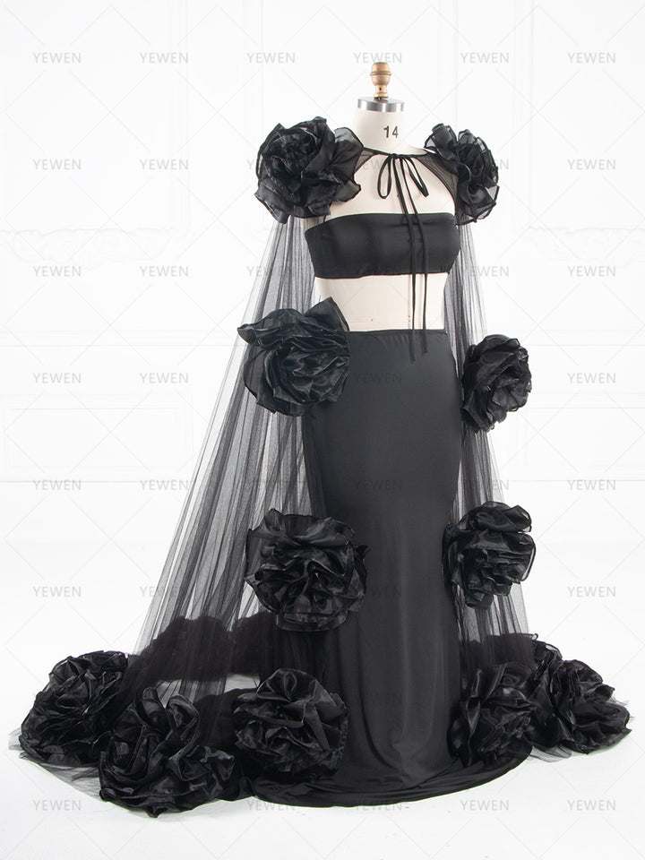 Dramatic Black Maternity Dress Photoshoot Big Flower Cape 3 Piece Set Baby Shower Dress YW250087