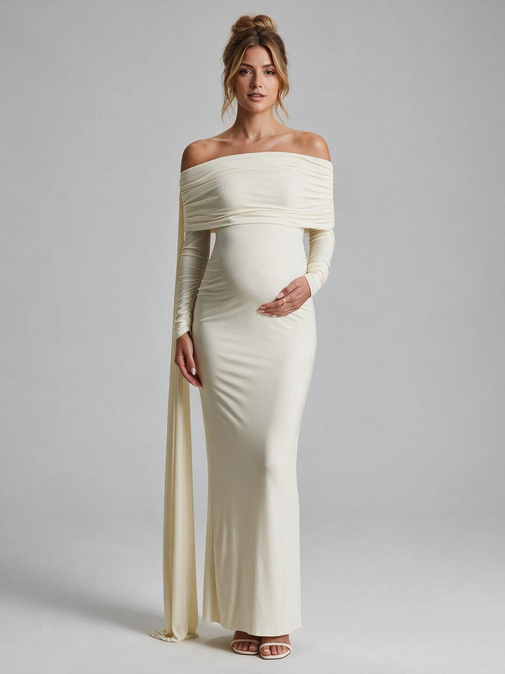 Off-Shoulder Draped Long Cape Maternity Dress for Baby Shower YM261014