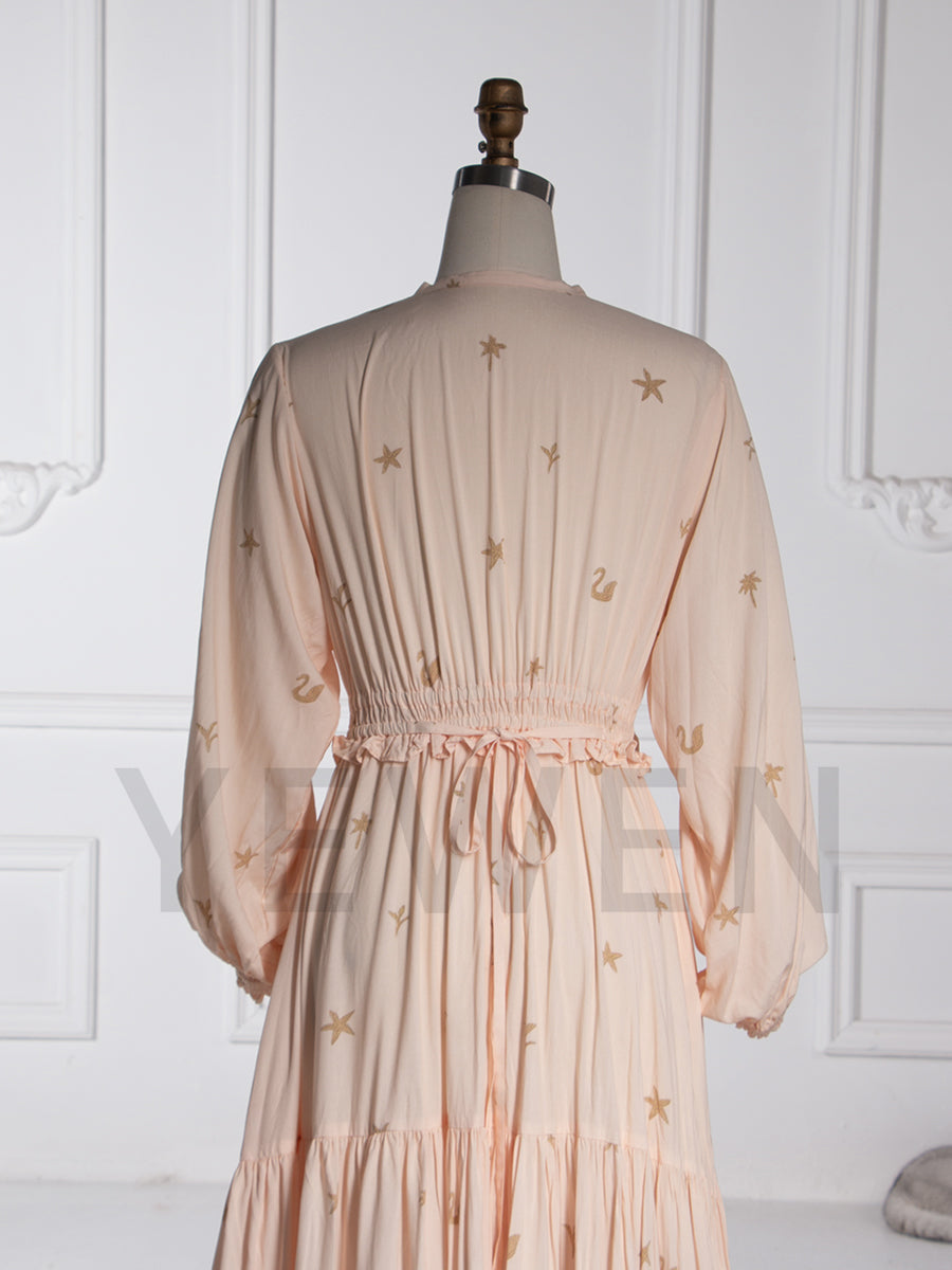 Bohemian Cotton Maxi Dress Printed Details Beach Photoshoot Dress YW251001