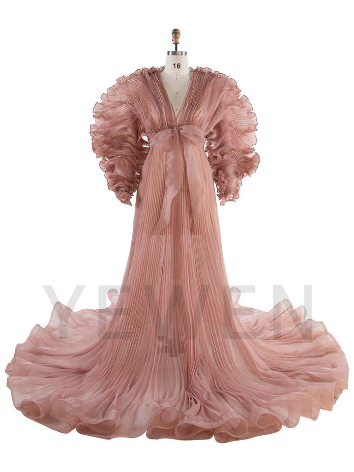 V Neck Pleated Organza Maternity Dresses for Photoshoot Big Skirt Sheer Dress for Maternity Baby Shower YW250013