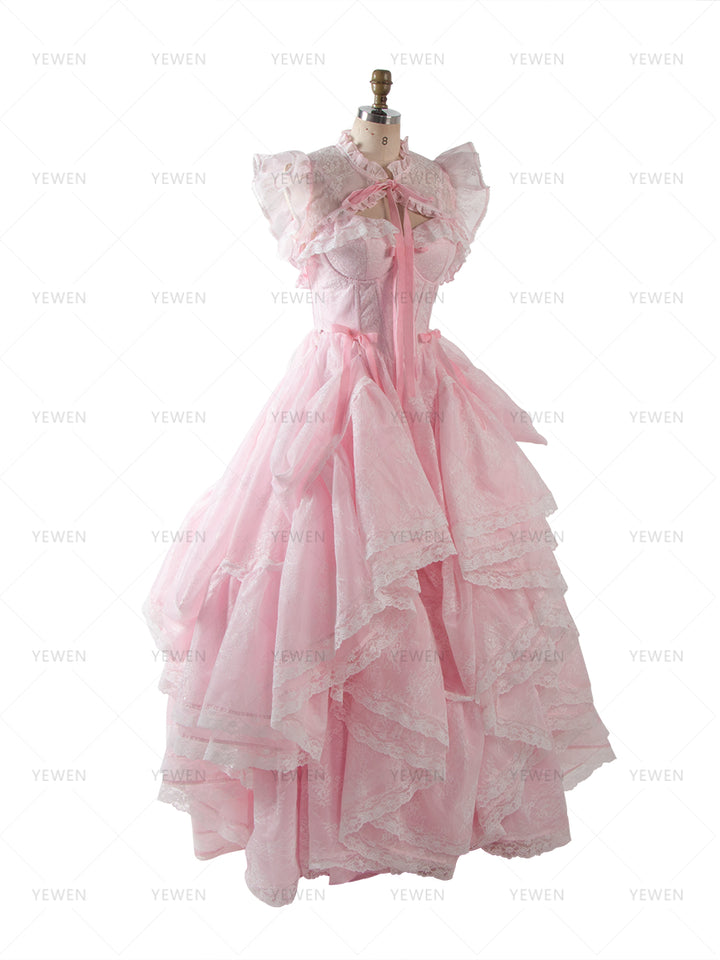 Pink Lace Princess Dress with Adjustable Train Elegant Fairytale Ball Gown YW260240