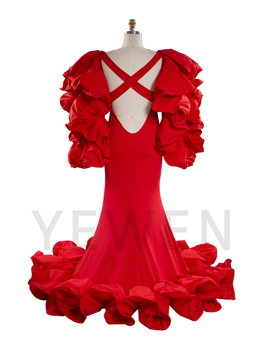 Black Couture Mermaid Dress for Photoshoot Unique Ruched Sleeevs And Bottom Backless Dresses YW250050