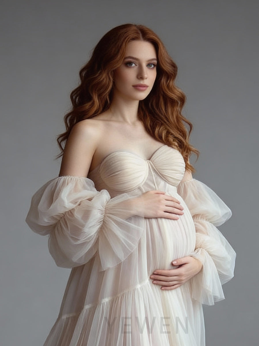 Tulle Maternity Dress for Photoshoot Strapless Long Ruffles Pregnancy Gown for Baby Shower