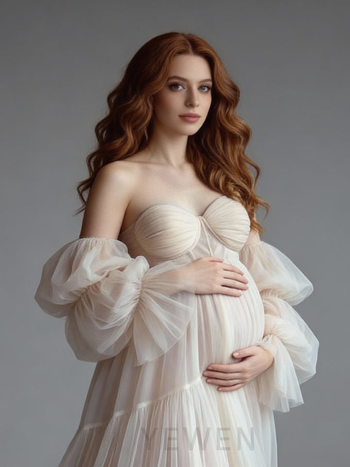 Tulle Maternity Dress for Photoshoot Strapless Long Ruffles Pregnancy Gown for Baby Shower