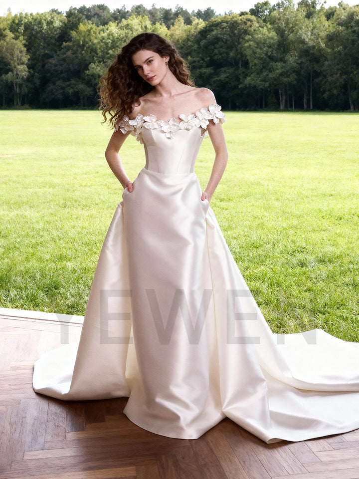 satin off the shoulder mermaid wedding dress 15660