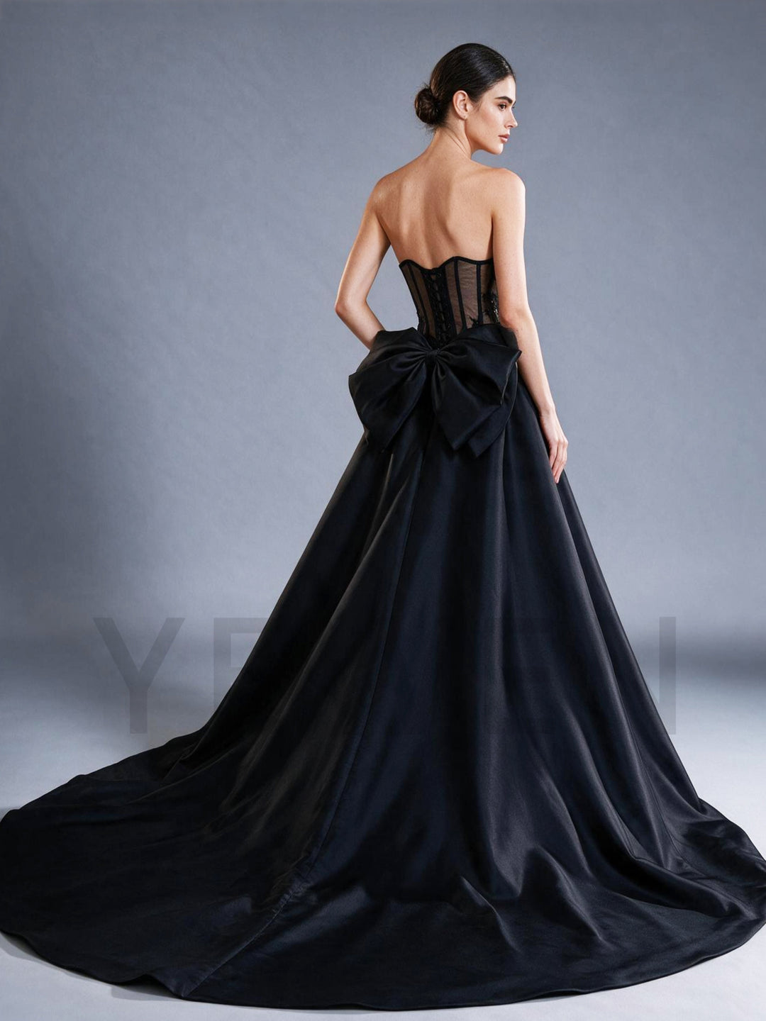 Black Bow High Slit Strapless Corset Satin Evening Gown YX26105