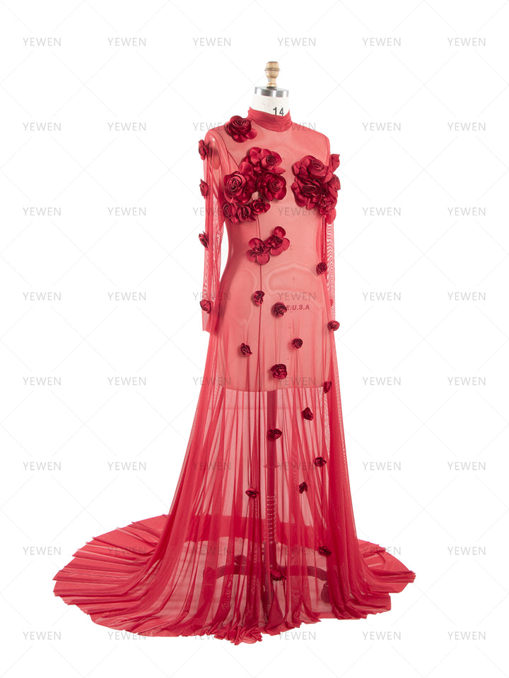 Sheer Stretch Tulle Maternity Gown 3D Rose Appliqués Maternity Dress for Photo Shoot  YW260237