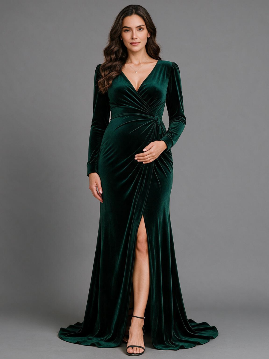 Green Velvet V-Neck Puff Sleeves Maternity Dress For Baby Shower