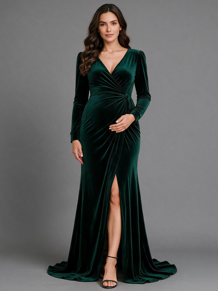 Green Velvet V-Neck Puff Sleeves Maternity Dress For Baby Shower