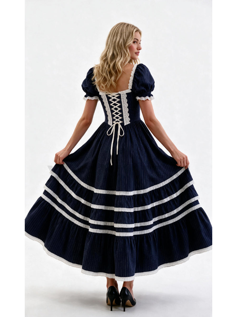 Navy Pinstripe Puff Sleeve White Lace Trim Princess Dress WT269001