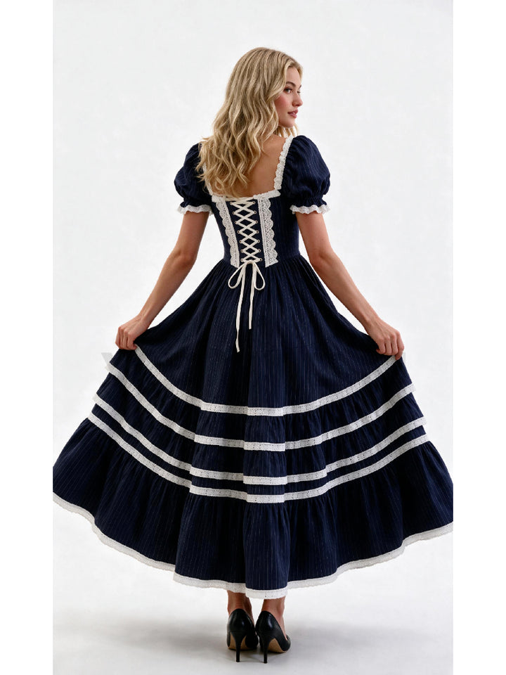 Navy Pinstripe Puff Sleeve White Lace Trim Princess Dress WT269001