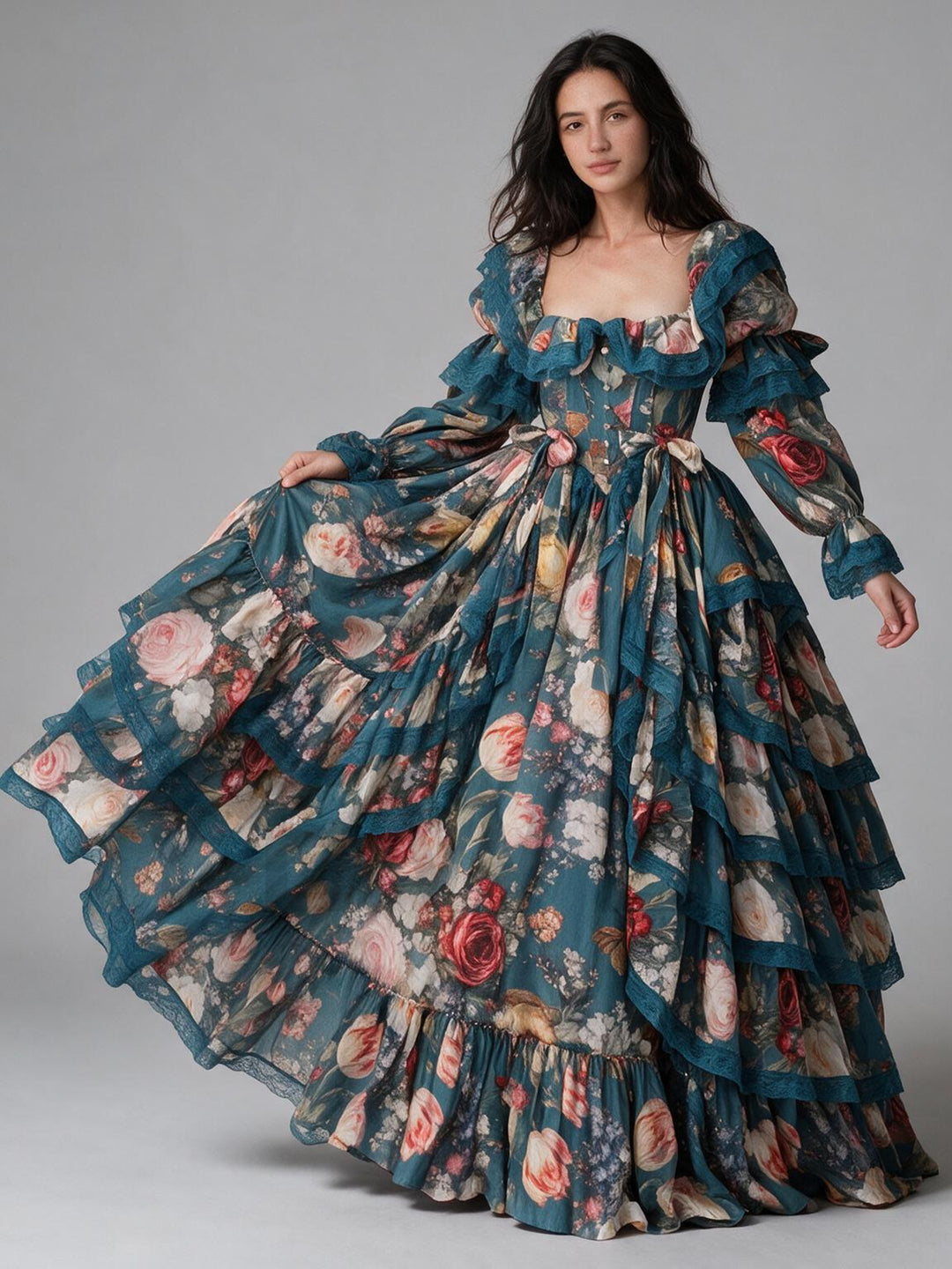 Teal Floral Lace Square Neck Tiered Ruffle Princess Dress YW26101412