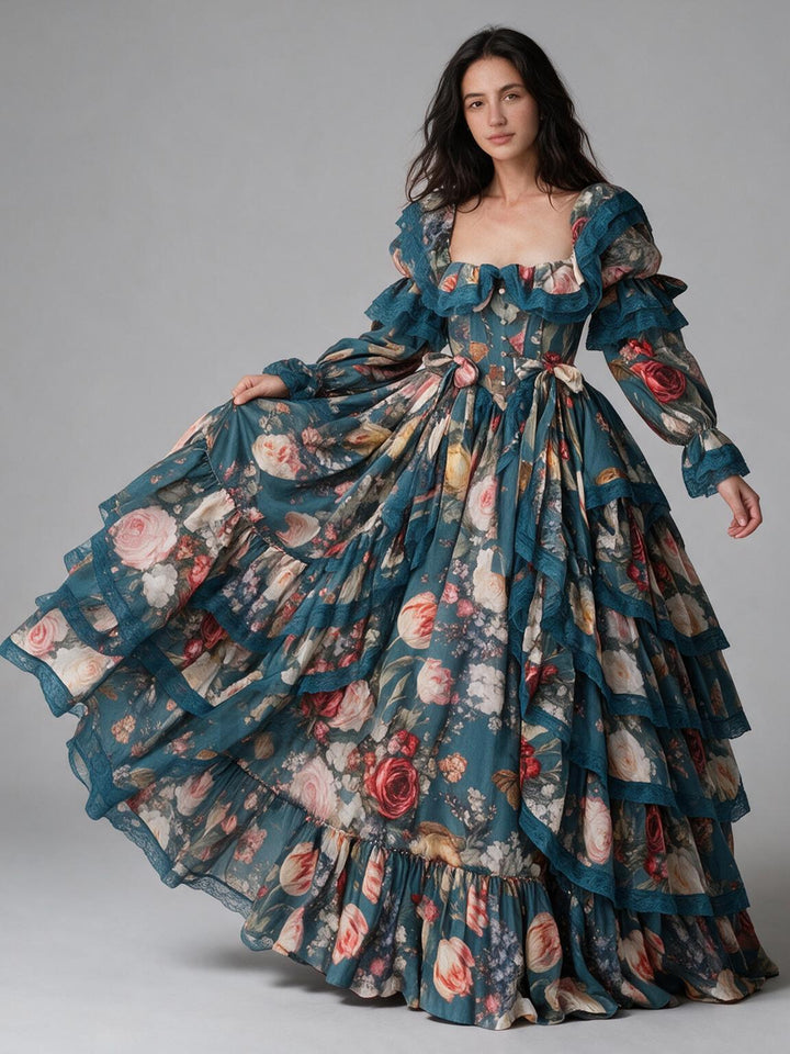 Teal Floral Lace Square Neck Tiered Ruffle Princess Dress YW26101412