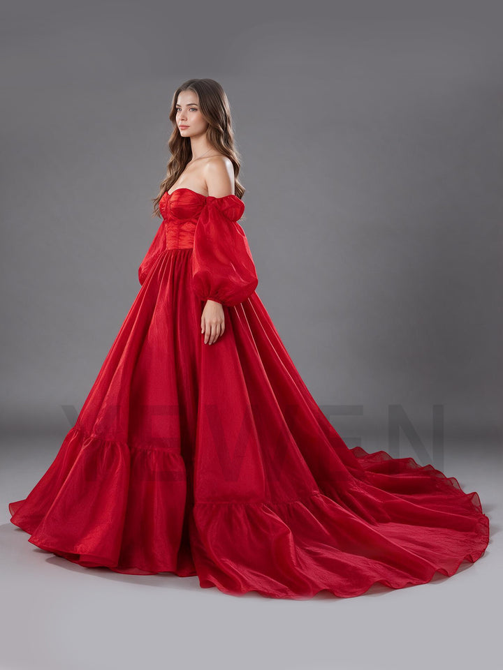 Off-Shoulder Puff Sleeves Layered Ruffle Christmas DressYW2610086